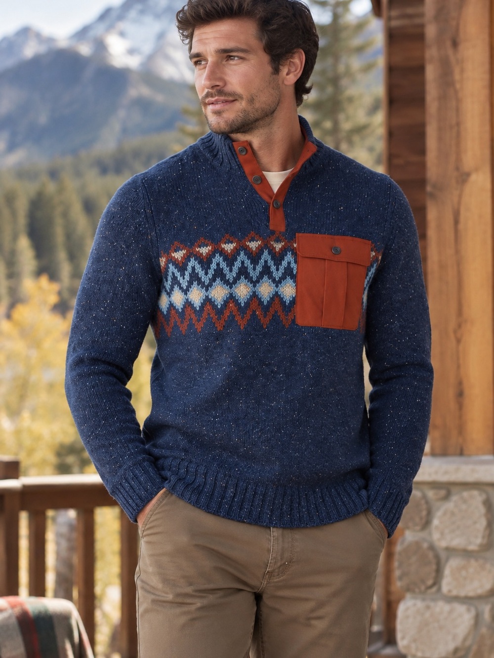 Smartwool Men's Heavy Henley Sweater Navy Fair Isle Merino Wool size Medium